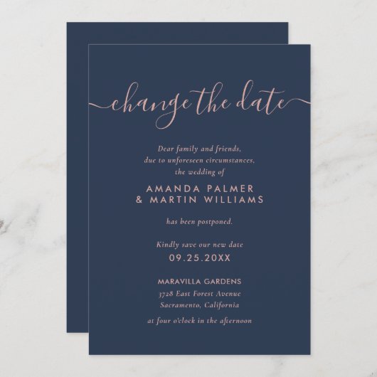 Invitation Script Moderne Marine Blush Changer La Date Mariag (Devant / Derrière)