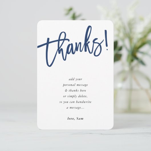 Invitation SCRIPT MODERNE merci note bleu marine encre (Debout devant)