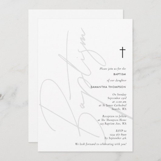 Invitation Script moderne minimaliste Baptême Christening (Devant / Derrière)