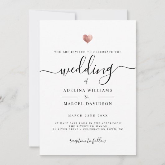 Invitation Script moderne Monogram Rose Gold Heart Mariage (Devant)