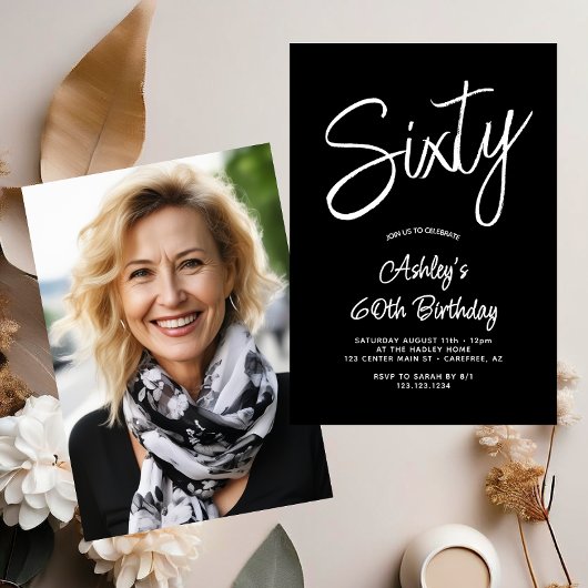 Invitation Script moderne noir blanc 60ème photo Anniversaire