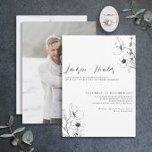 Invitation Script moderne noir blanc floral Mariage photo Inv