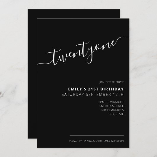Invitation Script moderne noir élégant 21e anniversaire (Devant / Derrière)