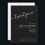 Invitation Script moderne noir élégant 21e anniversaire<br><div class="desc">Invitation moderne Black and White 21st Birthday. Conception minimaliste de modèle d'invitation de 21e anniversaire avec élégante calligraphie écriture manuscrite.</div>