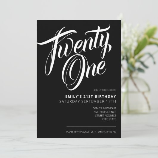 Invitation Script moderne noir élégant 21e anniversaire (Debout devant)