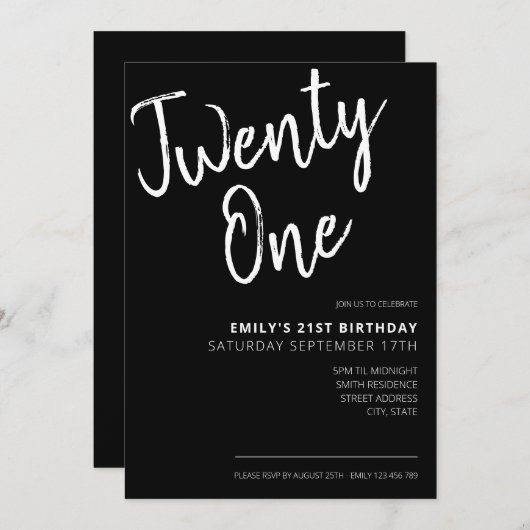 Invitation Script moderne noir élégant 21e anniversaire (Devant / Derrière)