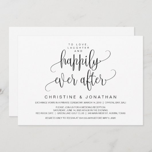 Invitation Script moderne, Noir, Elopement Mariage (Devant / Derrière)