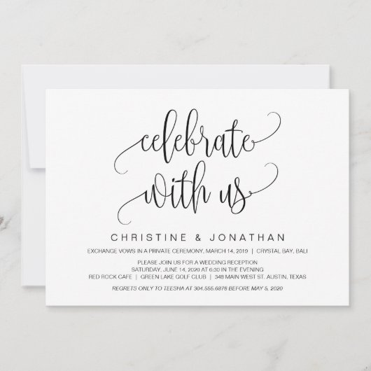 Invitation Script moderne, Noir, Elopement Mariage (Devant)