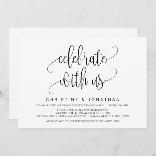 Invitation Script moderne, Noir, Elopement Mariage (Devant / Derrière)