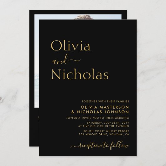 Invitation Script moderne noir et or QR Code Mariage photo (Devant / Derrière)