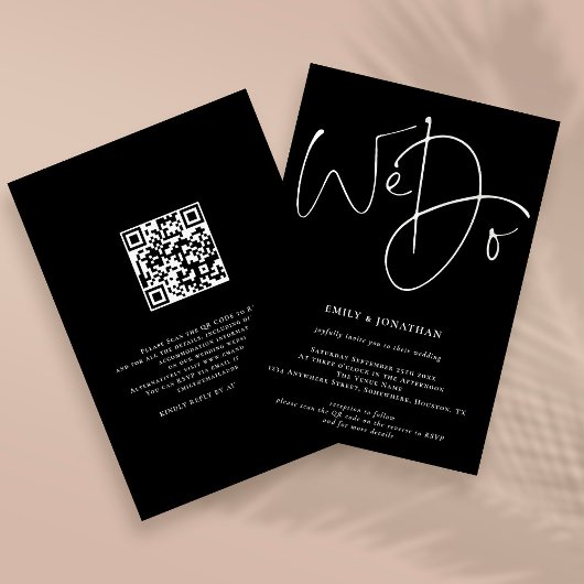Invitation Script moderne Nous faisons QR Code Mariage Noir