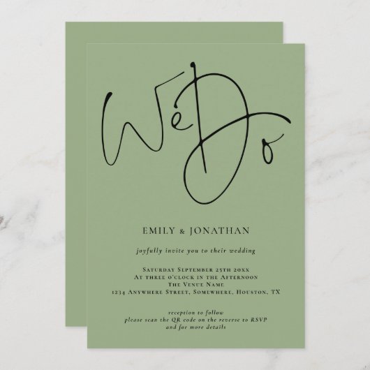 Invitation Script moderne Nous faisons Sage Green QR Code Mar (Devant / Derrière)