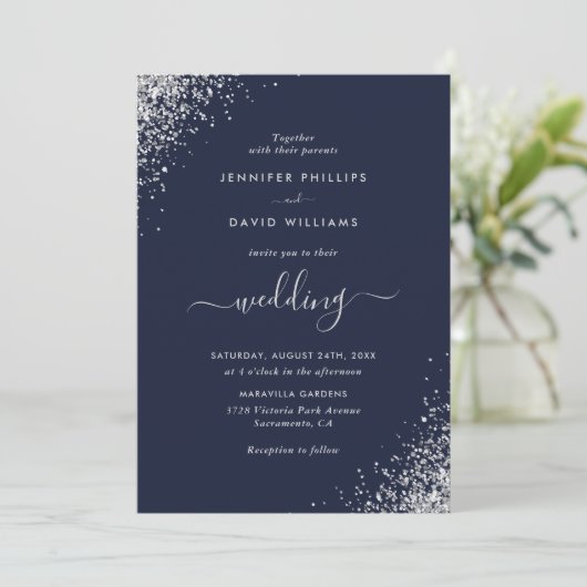 Invitation Script moderne Parties scintillant en argent Marin (Debout devant)