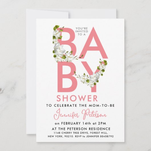 Invitation Script moderne Pastel Baby shower rose Floral (Devant)
