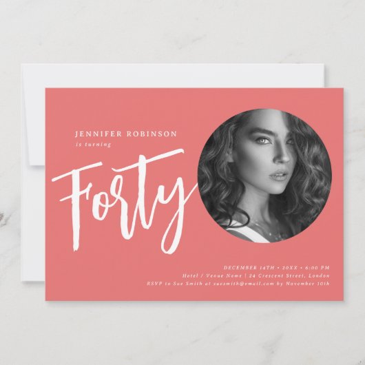 Invitation Script moderne Photo 40e anniversaire Coral de fêt (Devant)