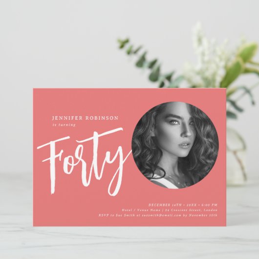 Invitation Script moderne Photo 40e anniversaire Coral de fêt (Debout devant)