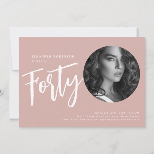 Invitation Script moderne Photo 40e anniversaire Dusty Rose r (Devant)
