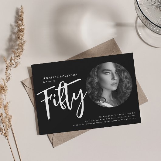Invitation Script moderne photo 50e anniversaire fête Noir