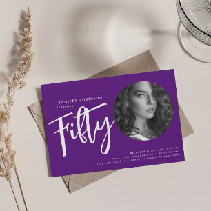 Invitation Script moderne photo 50e anniversaire fête violet
