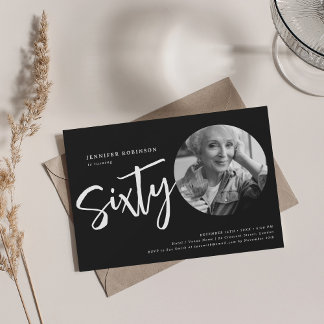 Invitation Script moderne photo 60e anniversaire fête Noir