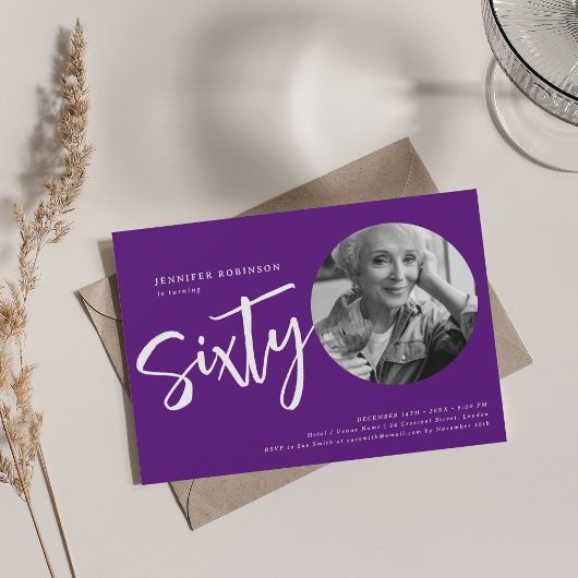 Invitation Script moderne photo 60e anniversaire fête violet