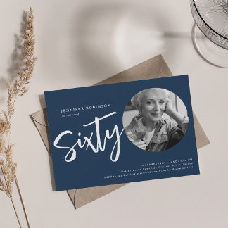 Invitation Script moderne photo 60e anniversaire Marine bleu