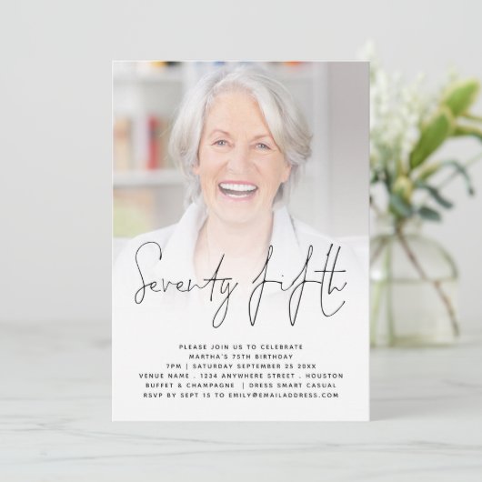 Invitation Script moderne Photo 75e anniversaire de fête Invi (Debout devant)