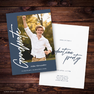 Invitation Script Moderne Photo de Promotion Bleu Marine Remi