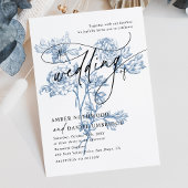 Invitation Script moderne Photo Mariage Floral bleu