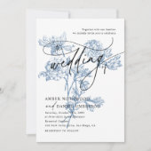 Invitation Script moderne Photo Mariage Floral bleu (Devant)