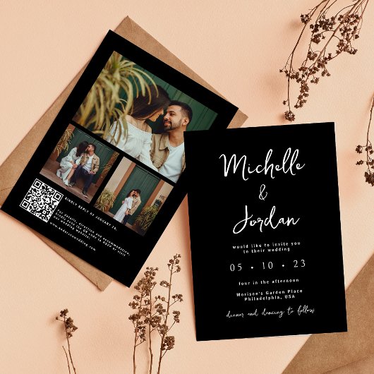 Invitation Script moderne Photo QR Code Mariage noir