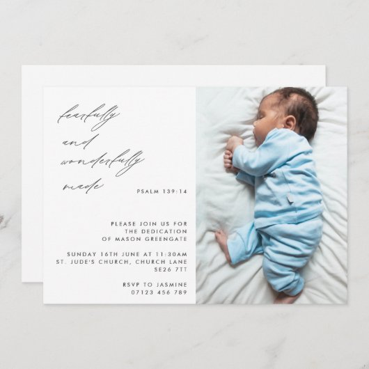 Invitation Script moderne Psaume 139 Dédication bébé photo (Devant / Derrière)