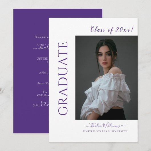 Invitation Script moderne Purple Photo Graduation (Devant / Derrière)
