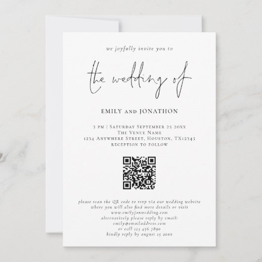 Invitation Script moderne QR Code noir et blanc Mariage (Devant)