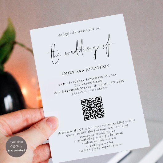 Invitation Script moderne QR Code noir et blanc Mariage