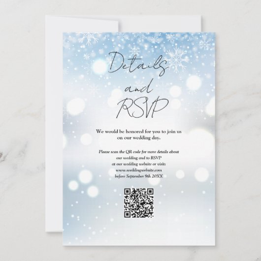 Invitation Script moderne QR Code Snowflakes Mariage hivernal (Dos)