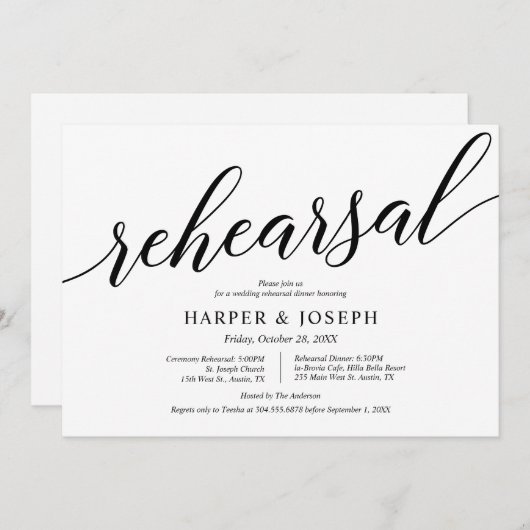 Invitation Script moderne, répétition Mariage et dîner (Devant / Derrière)