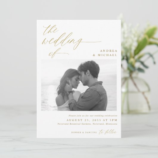 Invitation Script moderne Romantique Photo Mariage or (Debout devant)