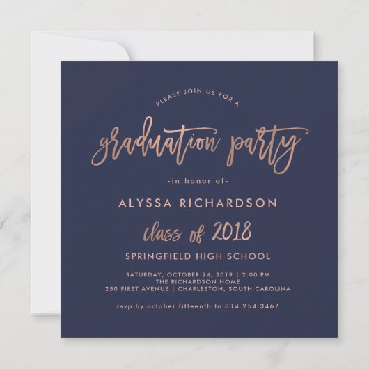 Invitation Script moderne | rose Gold du Parti de graduation (Devant)