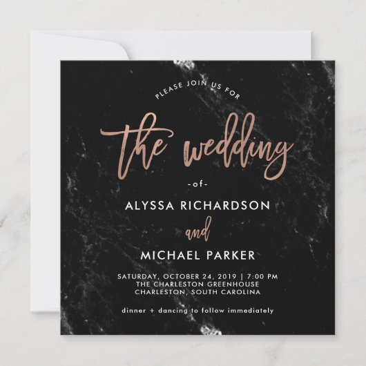 Invitation Script moderne| Rose Gold sur le Mariage en marbre (Devant)