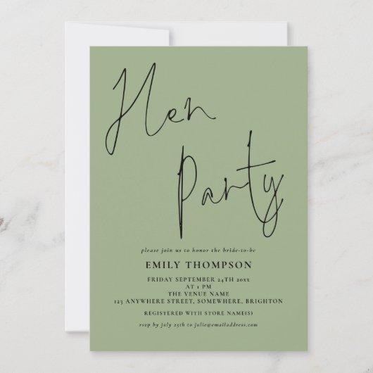 Invitation Script moderne Sage Green Hen Party (Devant)