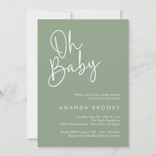 Invitation Script moderne Sage Oh Baby Baby shower simple (Devant)