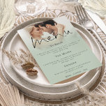 Invitation Script moderne Sage photo Mariage vert Menu<br><div class="desc">Téléchargement numérique imprimable ou impression moderne Script Photo Sage Mariage vert Menu. Un design élégant avec votre photo sur le bord supérieur derrière un calque teinté gradué avec le texte partiellement superposé sur le dessus de votre image vers le bas. L'en-tête principal est dans un script stylé et le reste...</div>