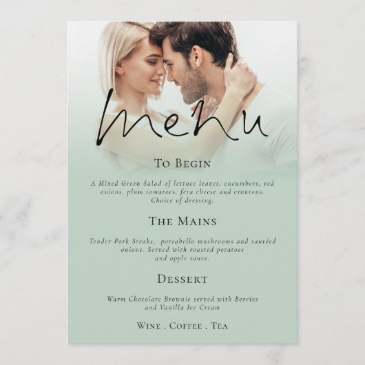 Invitation Script moderne Sage photo Mariage vert Menu (Devant)