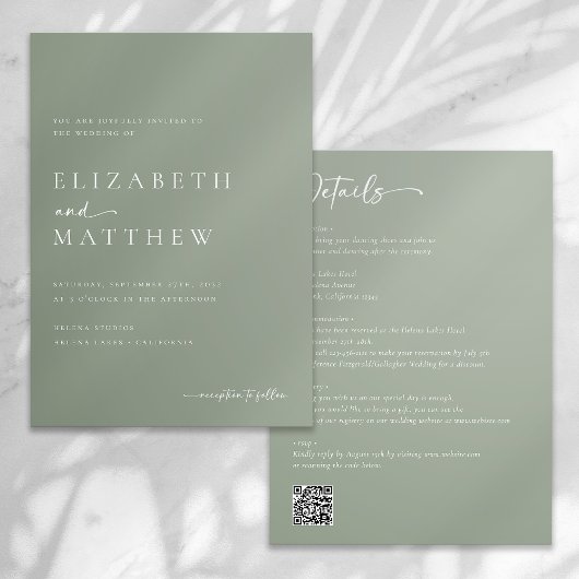 Invitation Script moderne Sage vert tout en un Mariage