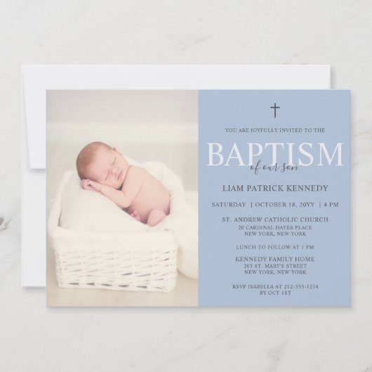 Invitation Script moderne simple Baptême bleu Dusty pour garç (Devant)