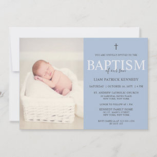 Invitation Script moderne simple Baptême bleu Dusty pour garç