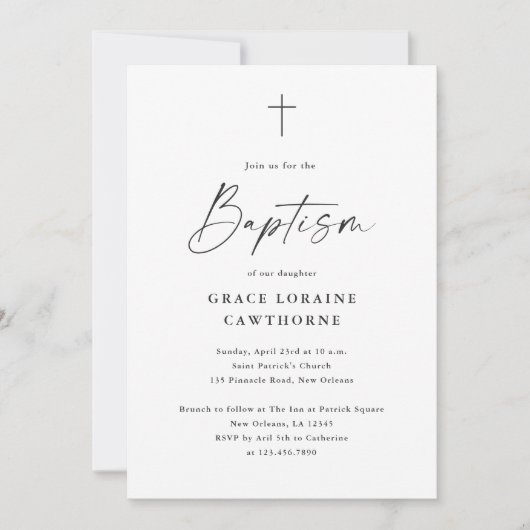 Invitation Script moderne Simple Baptême noir et blanc (Devant)