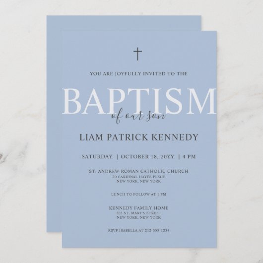 Invitation Script moderne simple Dusty Baptême bleu pour garç (Devant / Derrière)