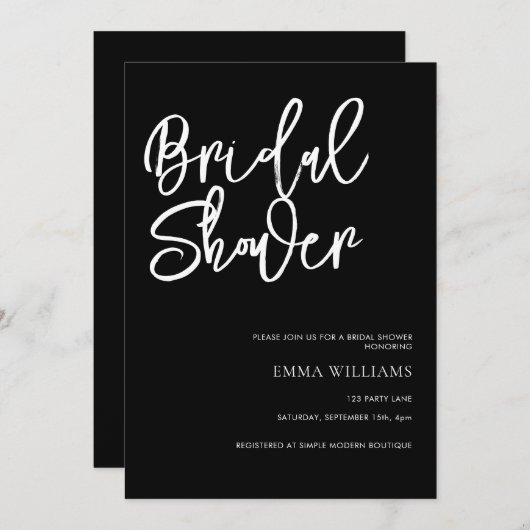 Invitation Script moderne simple Fête des mariées noir et bla (Devant / Derrière)